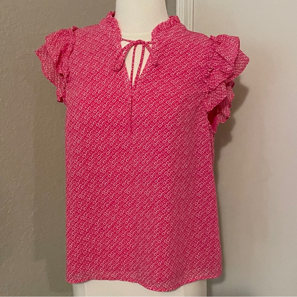 J. Crew Pink Ruffled Cap Sleeve Blouse with Tie Front